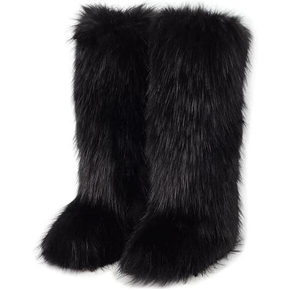 Unbranded Shoes - Womens Black Faux Fur Fuzzy Tall Knee High Boho Fall Winter Comfy Cozy Boots 8W